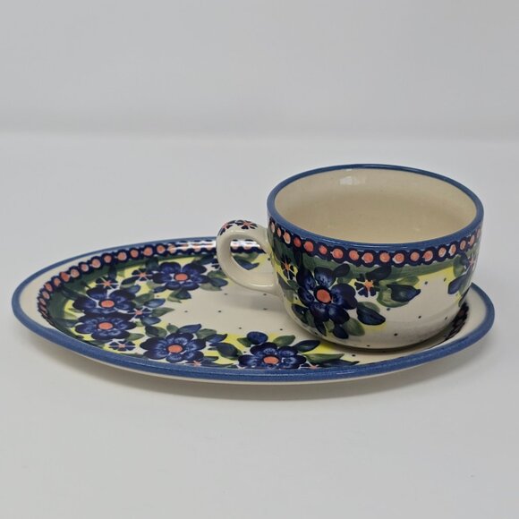 Ceramika Wiza Floral Polish Pottery Mug & Oval Snack Tray Saucer Set Hand Made - Picture 2 of 15